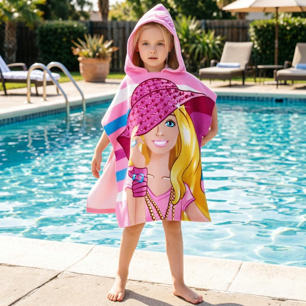 Ultra-Fine Fiber Cartoon Print Kids' Hooded Bath Towel Poncho