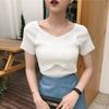 Women Fashion V-Neck Crisscross Tops Front Short Sleeve T-Shirt Sexy Slim Shirts