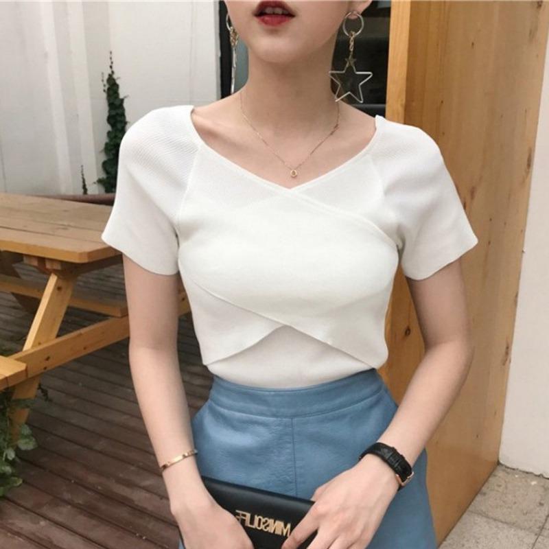 Women Fashion V-Neck Crisscross Tops Front Short Sleeve T-Shirt Sexy Slim Shirts