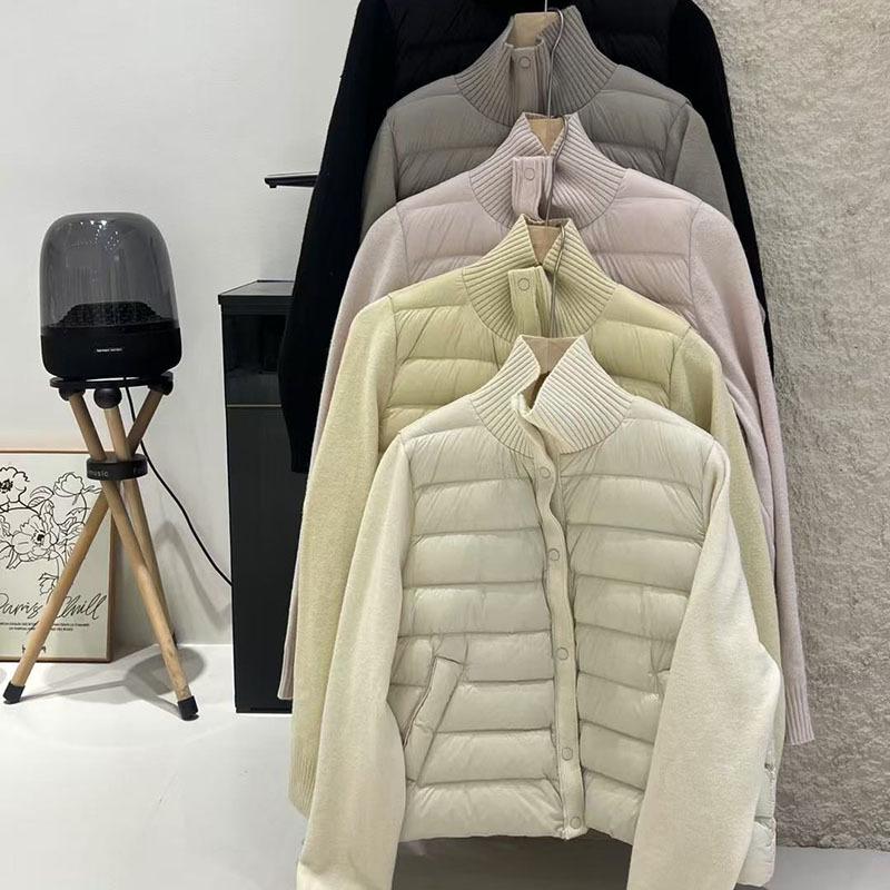 White Duck Down Knitted Sleeves Splicing Down Jacket Women's Short Winter Turtleneck Slim and Thin Top Trendy