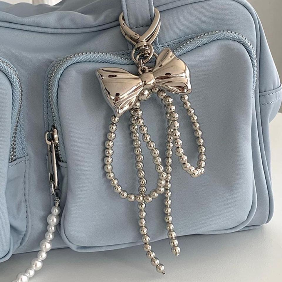 Y2K Korean Imitation Pearl Beaded Bowknot Keychain for Women Girls Bow Pendant Bag Decoration Accessories