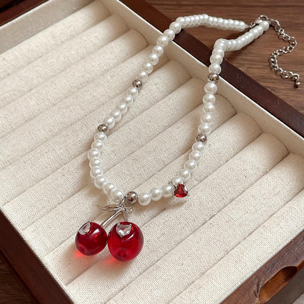 Pendant Cherry Necklace Heart Crystal Ear Studs Exquisite Cherry Jewelry Set  Gift