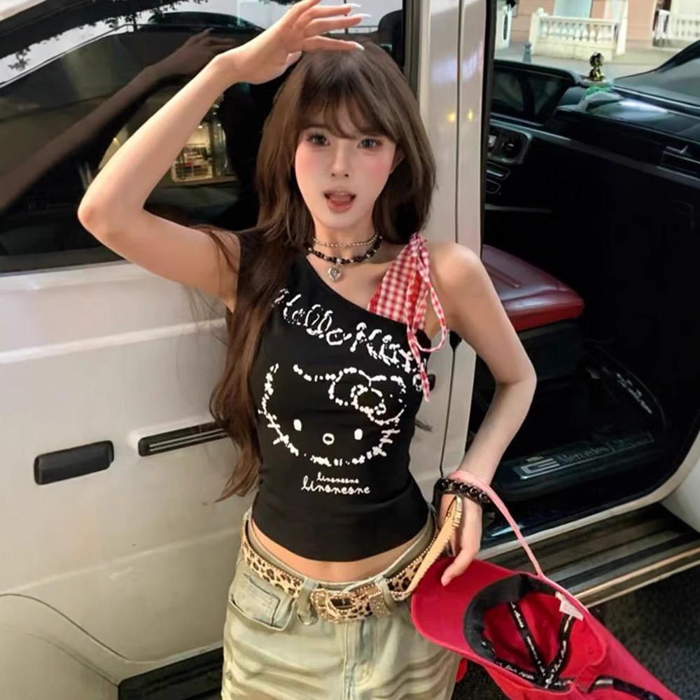 Hello Kitty T Shirt With Cartoon Print And Tie Detail For Summer Casual Wear