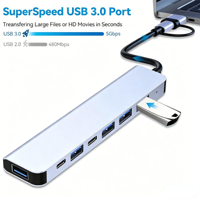 7/8Port USB C Hub Expander Multiport Adapter TypeC Splitter Dock USB3.0 Port for Xiaomi Phone Tablet Fast Data Transfer Charging