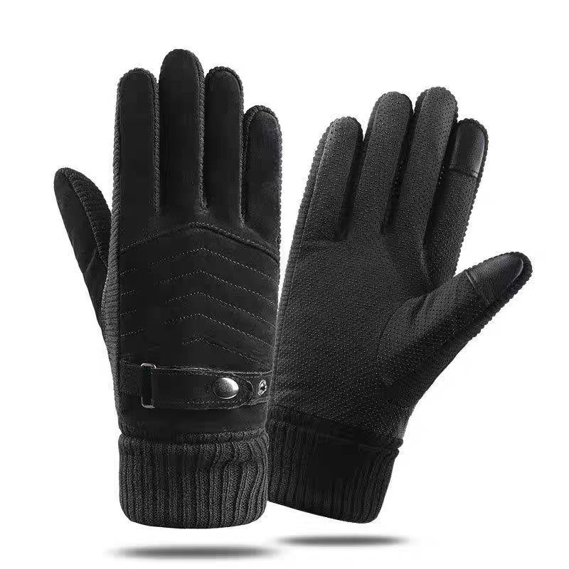 Thickened and Fleece Leather Gloves In Winter All Fingers for Men's Sports Cycling Cold Proof Wind Proof Warm Touch Screen Electric Vehicle Skiing