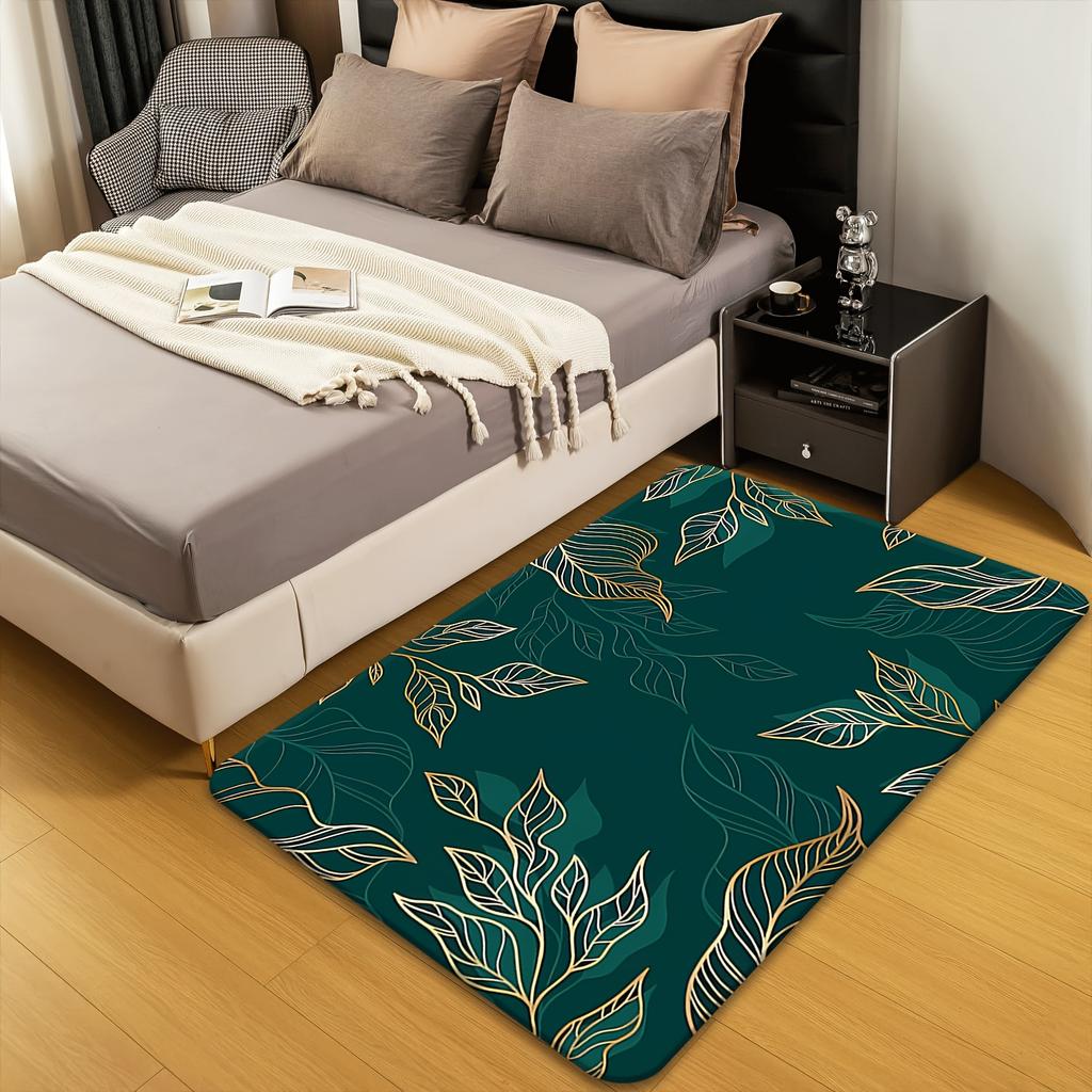 Flannel Printed Tropical Leaf Design Area Rug Green Gold Pattern Soft Non Slip Floor Mat For Living Room Bedroom Home Decor