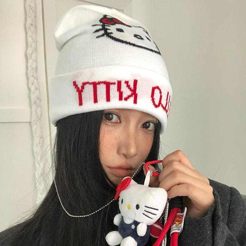 Cute Cartoon Hello Kitty Wool Knitted Hats Autumn And Winter Warm Beanies Comfortable Versatile  Personal Cap