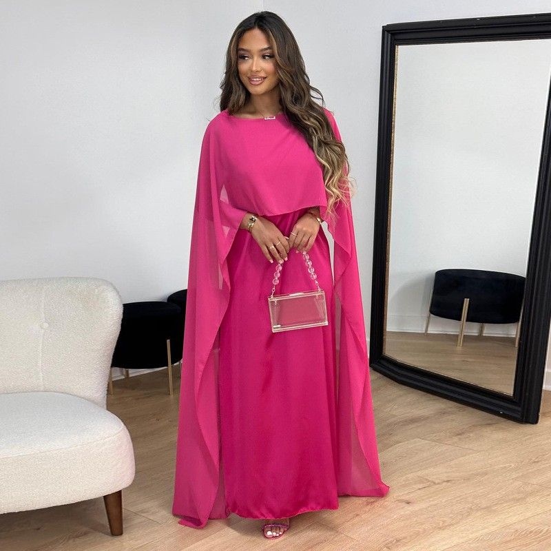 2025 Spring and Autumn Chiffon Satin Cross-Border Women Shawl Sleeve round Neck Solid Jumpsuit Long dress Long Shawl Dress
