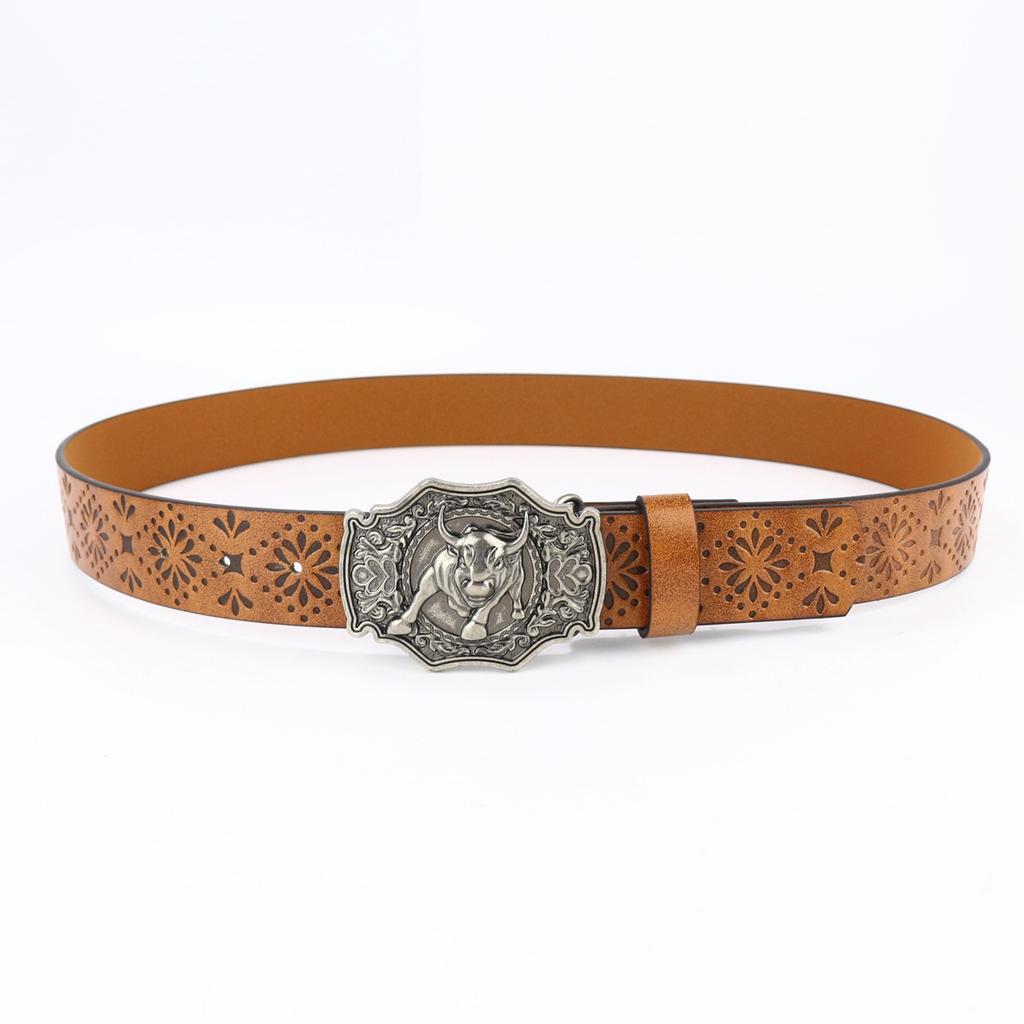 Western Denim Belt, Bull Head Big Board Buckle, Retro Silver And Green Men'S And Women'S Punk Pu Leather Belt