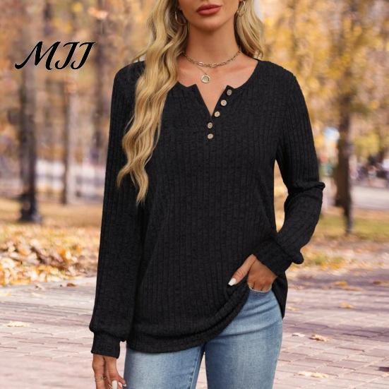 Spring Autumn Top Women Ribbed Long Sleeve Top, Loose Casual Blouse with Button, Solid Pullover Shirts Color Crew Neck ShCrew irt for Soft