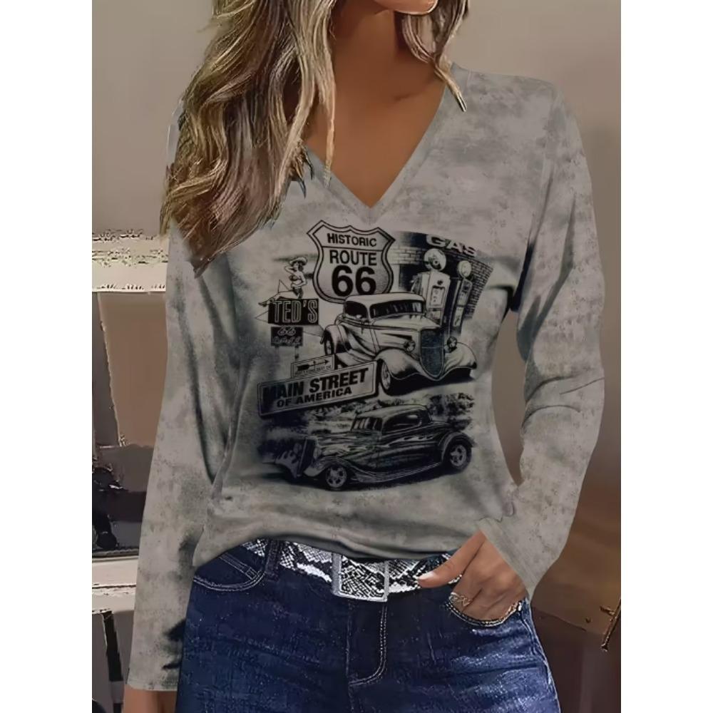 Ladies' Elegant Floral Printed T-shirt - Comfortable Round Neck Long Sleeve Top
