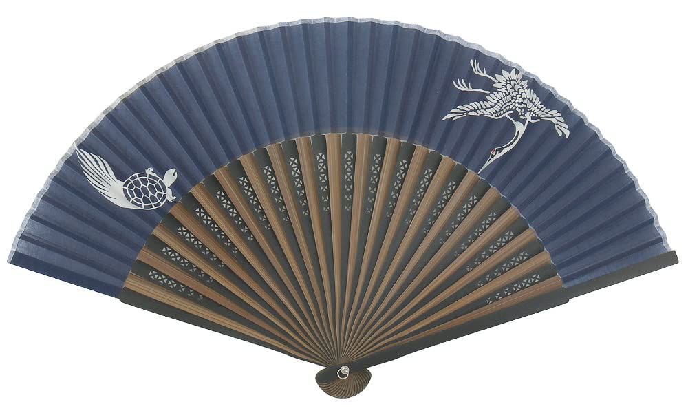 Onishi Kensei Cotton Monotone Print Folding Crane and Turtle Co., Ltd. Fan, 22.5cm, Design, Navy,  Ripple  S22-MCMP03
