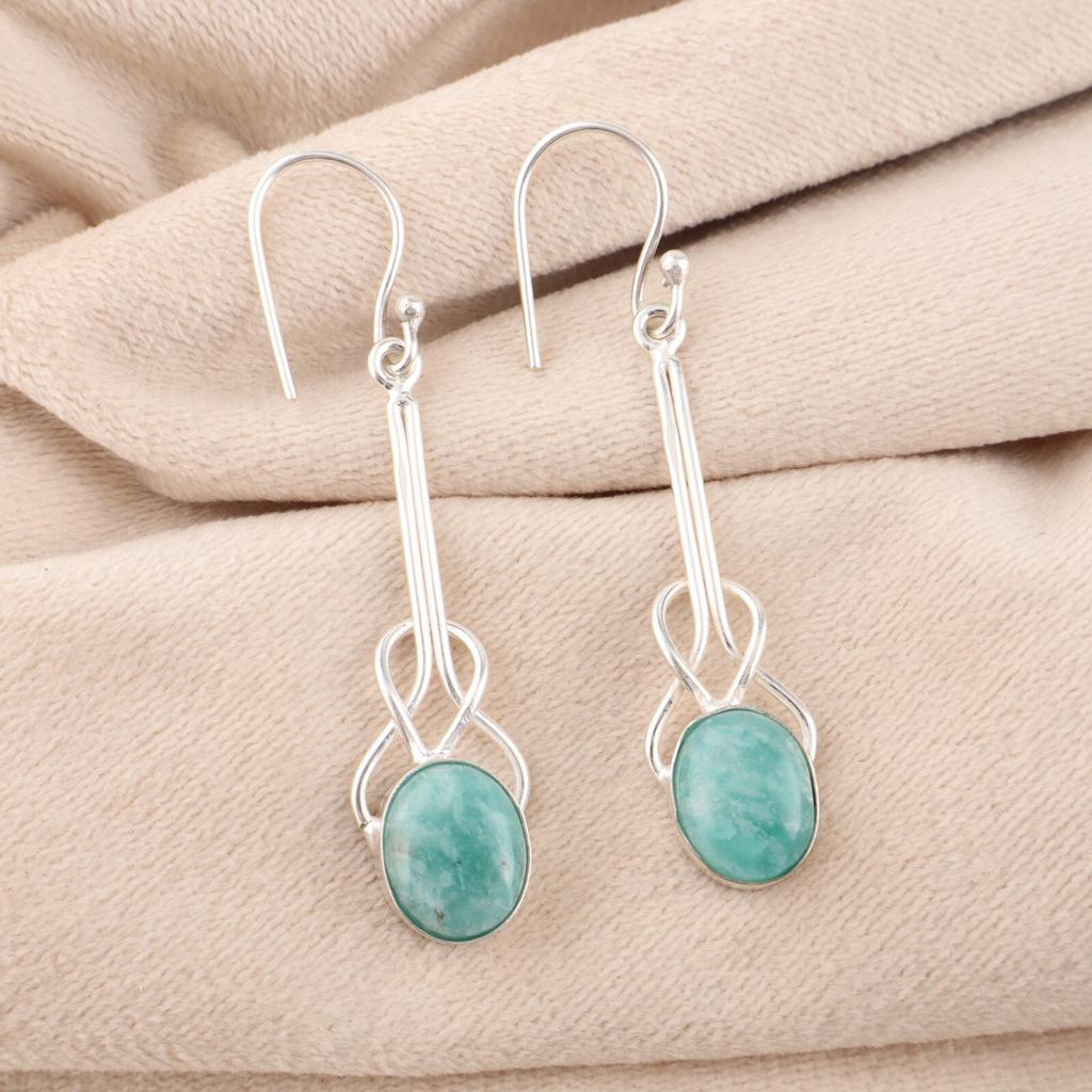Amazonite Gemstone 925 Sterling Silver Jewelry Handmade Earrings 1.76" For Women EE-171-30