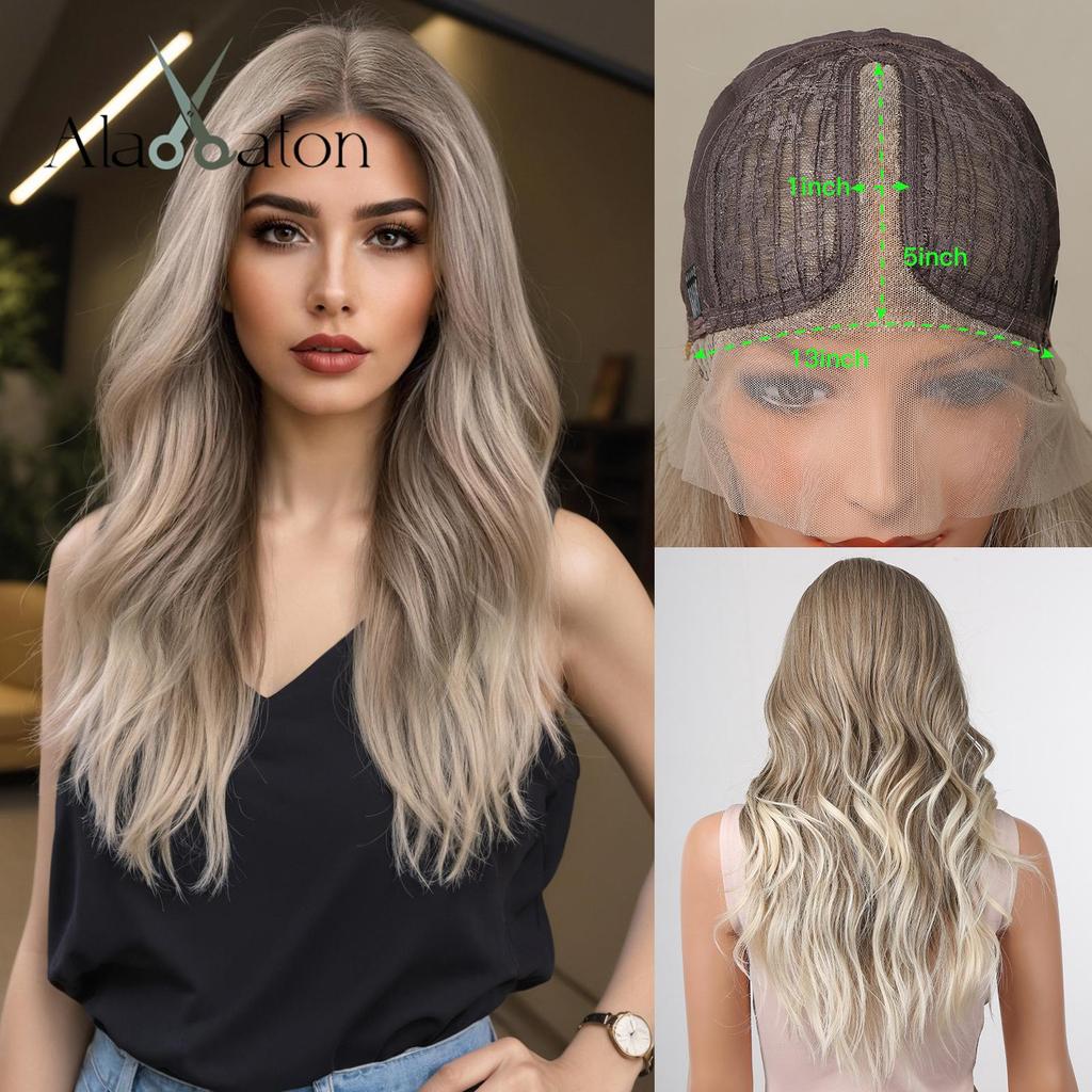 ALAN EATON Synthetic Front Lace Wig Long Wavy Wigs Ombre Grey to Blonde Daily for Women High Density Heat Resistant Hair