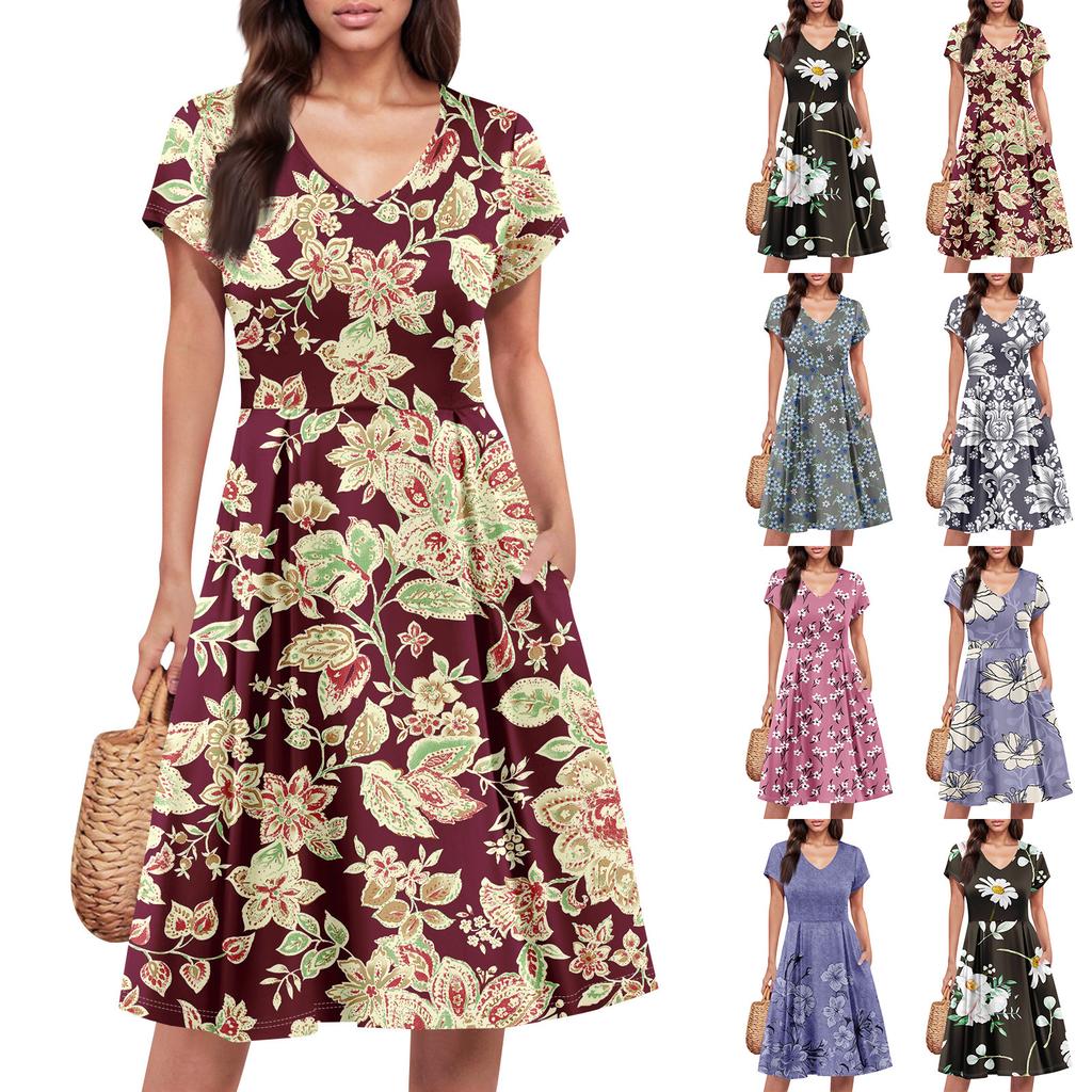 Womens Summer Dress Short Sleeve V Neck Short Dresses Fashion Casual Flowy A Line Swing Sundress With Pocket