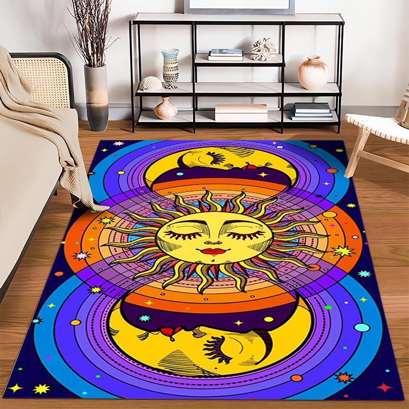 Colorful Sun and Moon Pattern Carpet with Psychedelic Boho Design Suitable for Use As an Anti-slip for Living Room Bedroom Sofas