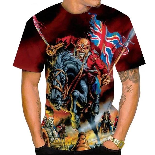 Men's fashionable skull 3D print T-shirt, trendy digital round neck short-sleeved casual top, street style.
