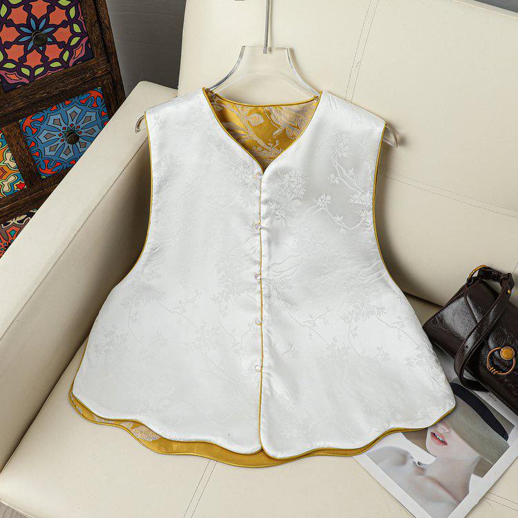 Gilet a Girocollo Rotondo Bicolore in Broccato Cinese Jacquard Ricamato con Fenice