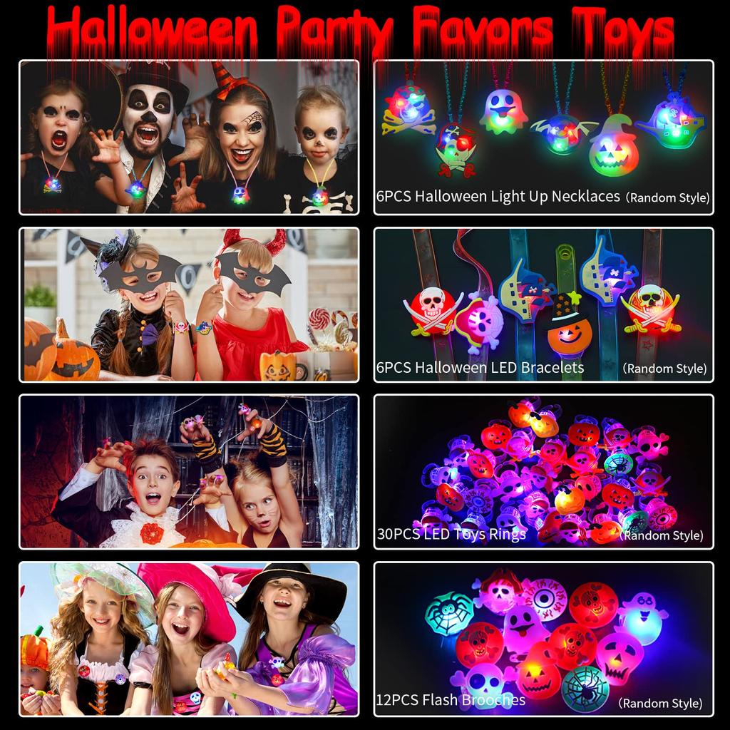 DERAYEE Halloween Luminous Ring Decorations, 54 Pieces, Shipped Randomly, Shiny, Glowing Necklace, Bracelet, Brooch, Ages 6 and Up (Halloween)
