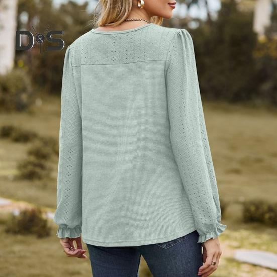 Women Tops Round Neck Puff Long Sleeve Solid Color Tee Shirt with Waffle Decoration Solid Color Loose Fit T-shirt