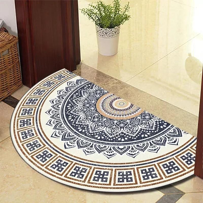 Semi-Circular Mosaic Non-Slip Floor Mat Vintage Floral Geometric Patchwork Patio Entry Porch Balcony High Traffic Area