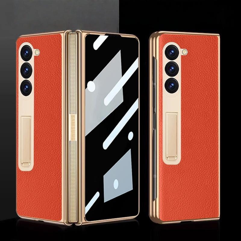For Samsung Z Fold 7 Phone Case Electroplated Nappa Leather with HD Film Protective Cover Compatible for Samsung Z Fold 6 5 4 3