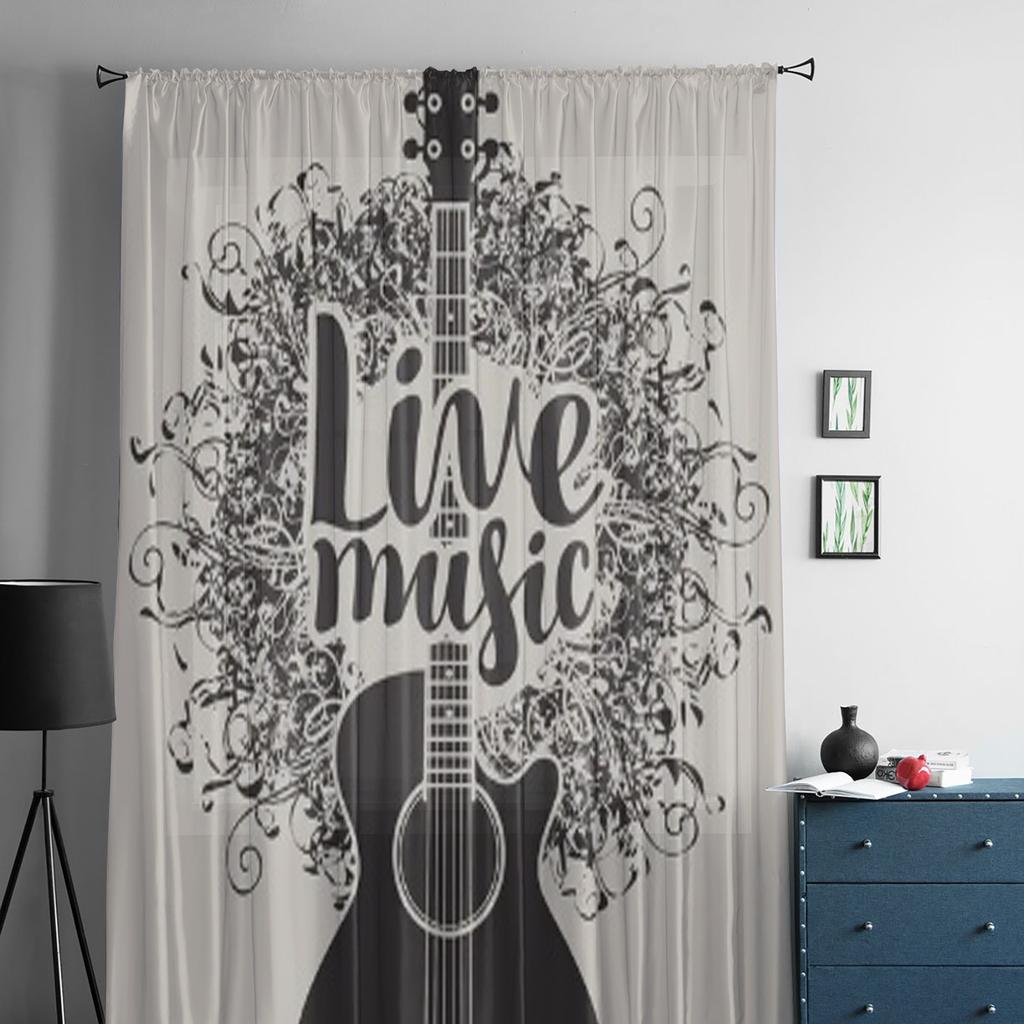Transparente Vorhänge mit Gitarre und Musik für Schlafzimmer, Wohnzimmer, Tüllvorhänge für Küchenfenster, Voile-Vorhänge