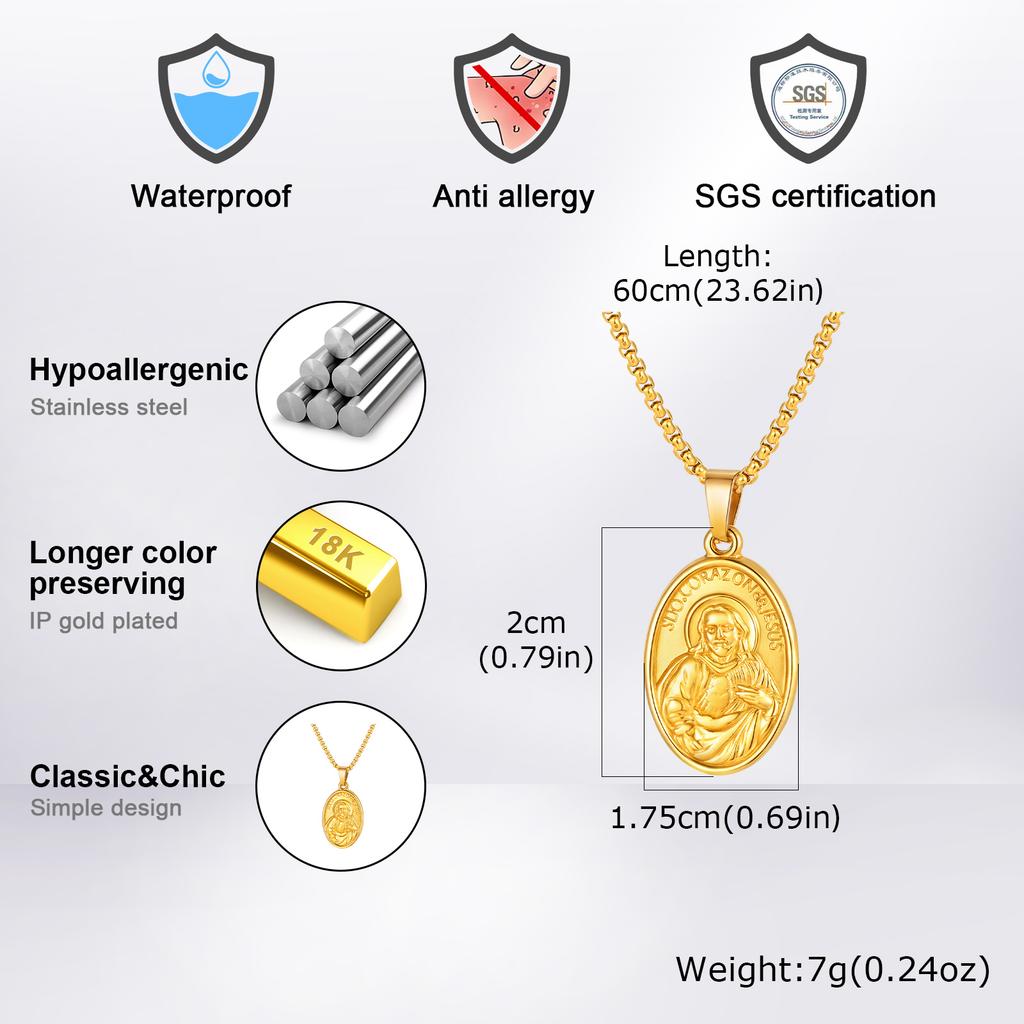 Vnox Double Side Virgin Mary Pendant Necklace, Gold Color Stainless Steel Box Chain, Trendy Religious Jewelry Gift for Women Men