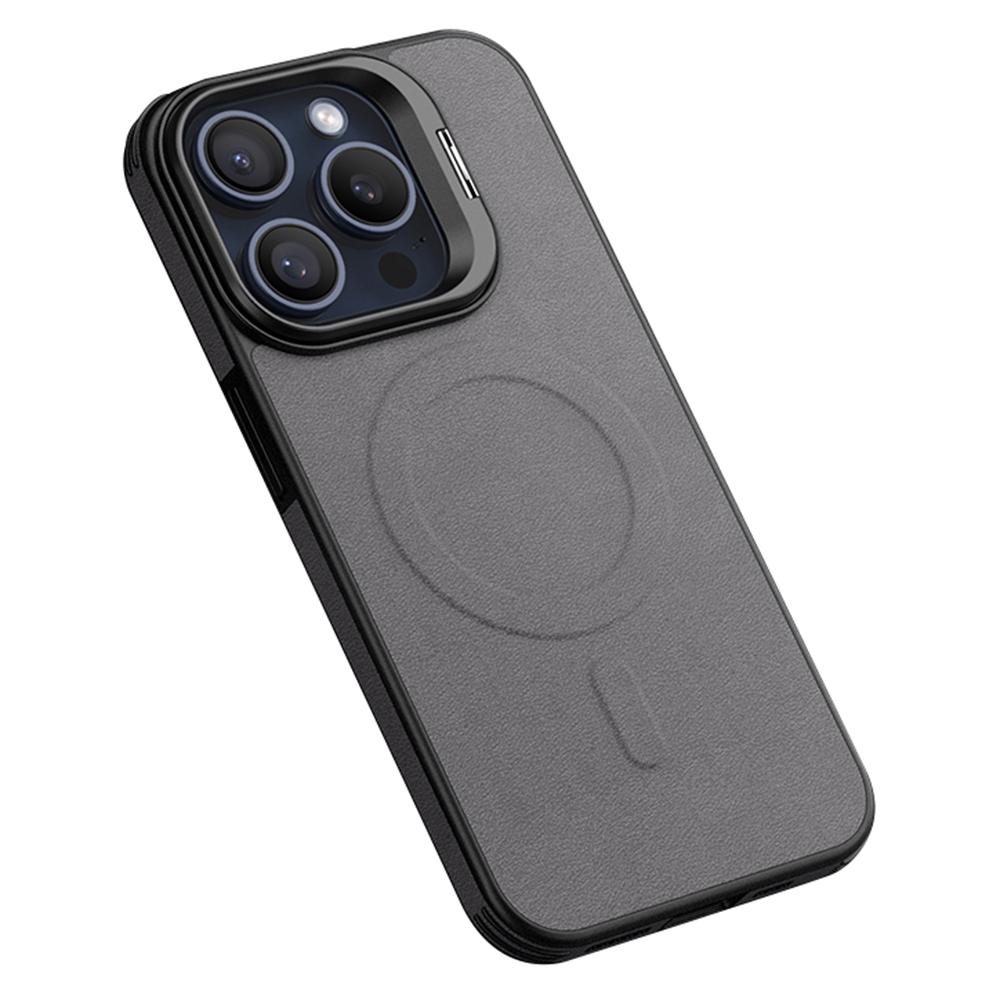 

For iPhone 15 Pro Max Magnetic Case with Lens Kickstand Leather Phone Back Cover Grey