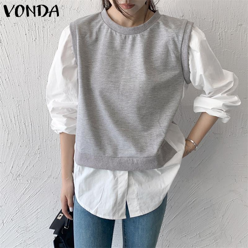 

VONDA Весенняя женская лоскутная цветная блузка с длинным рукавом