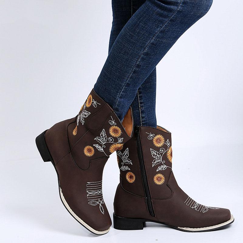 Plus Size Women's Mid Calf Boots 2026 Autumn European and American Style V Embroidery Sunflower Design Fashion Boots for Woman
