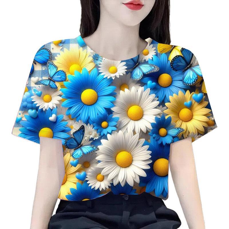 Summer Hot Sale Creative Personalized Flower 3D Print Short Sleeve Women's Fashionable round Neck T-Shirt Polyester Material