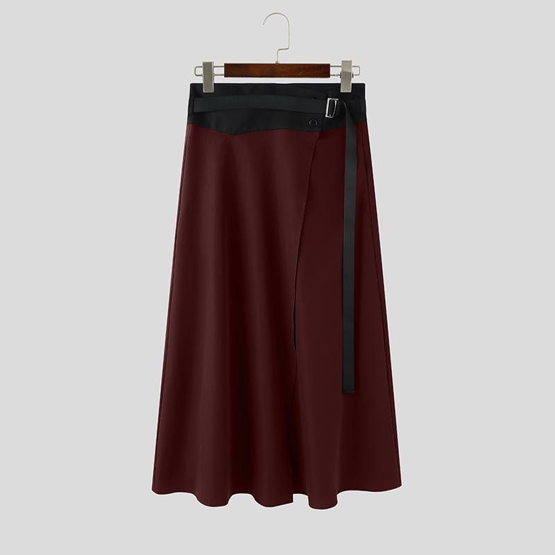 INCERUN Men Women Patchwork High Waist Belt Casual Ruffled Pleated Skirts