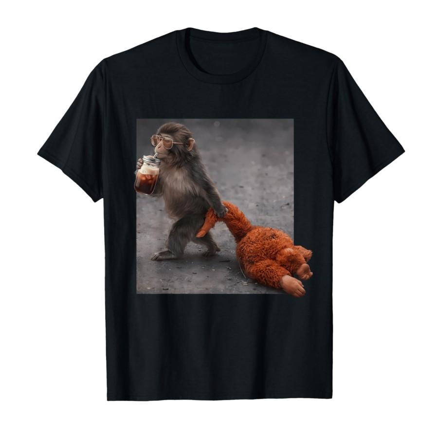 Baby Monkey Punch Drinking Iced Coffee Team Punch T-shirt For Men Women 100% Cotton T Shirts Short Sleeve Tops 0318-1 - Men s... S разноцветный