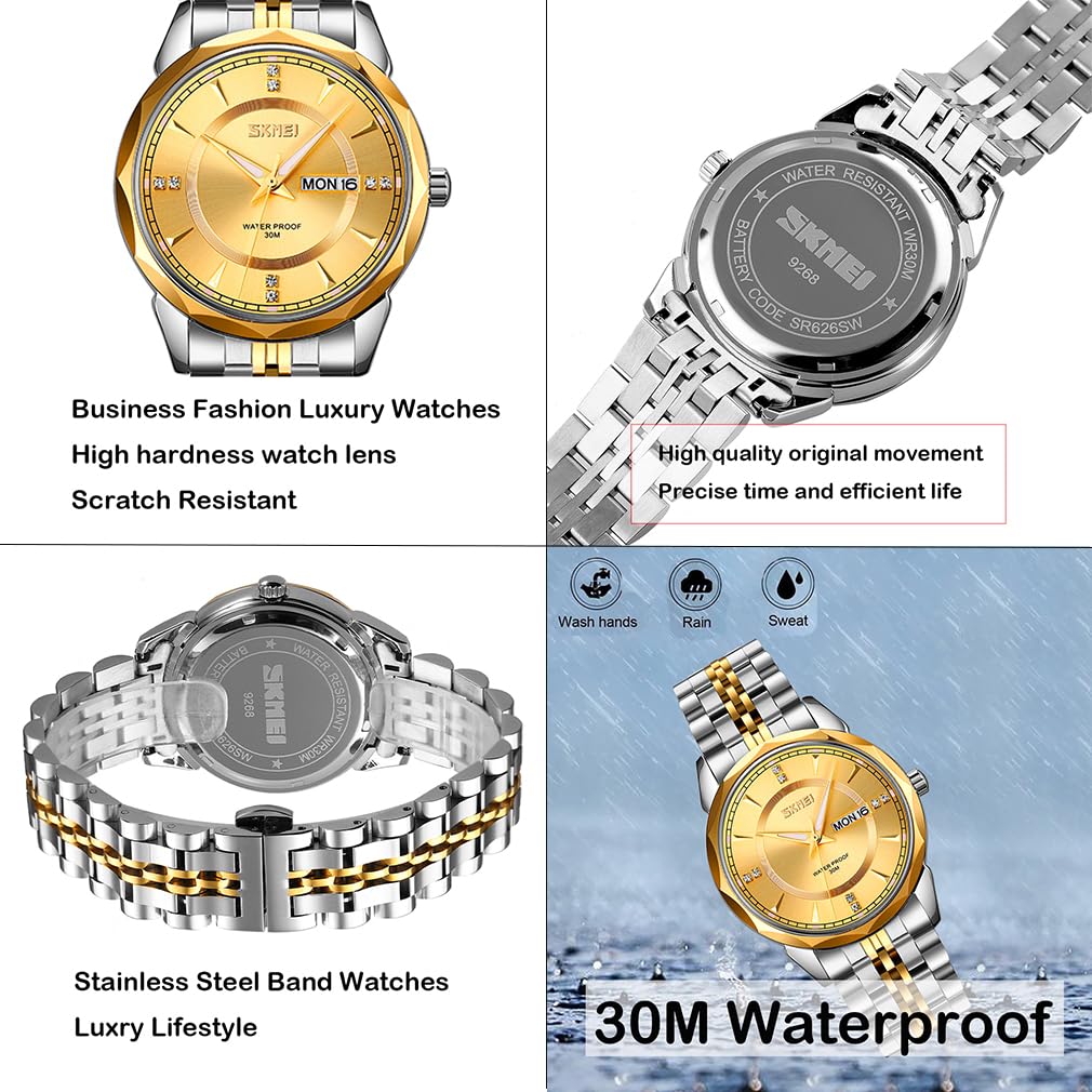 SKMEI Men's Watch Gold Silver Stainless Steel Business Classic Wristwatch Gentleman Waterproof Analog Stylish Simple Date Day Luxury Gift Gold