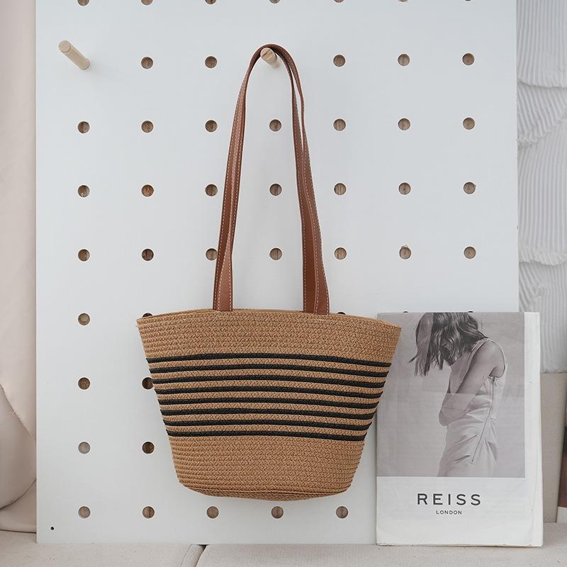 Summer Seaside Vacation Straw Bag Women's Bag Woven Bag New Striped Commuter Shoulder Tote Bag Large Capacity