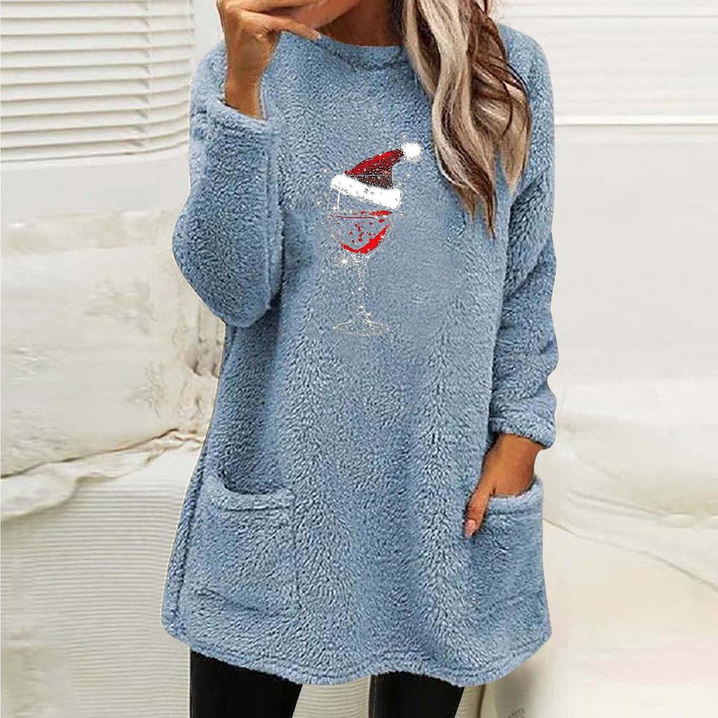 Women's Christmas Red Wine Glass Print Plush Hoodie with Pockets - Round Neck, Long Sleeve, Loose Fit (2024)