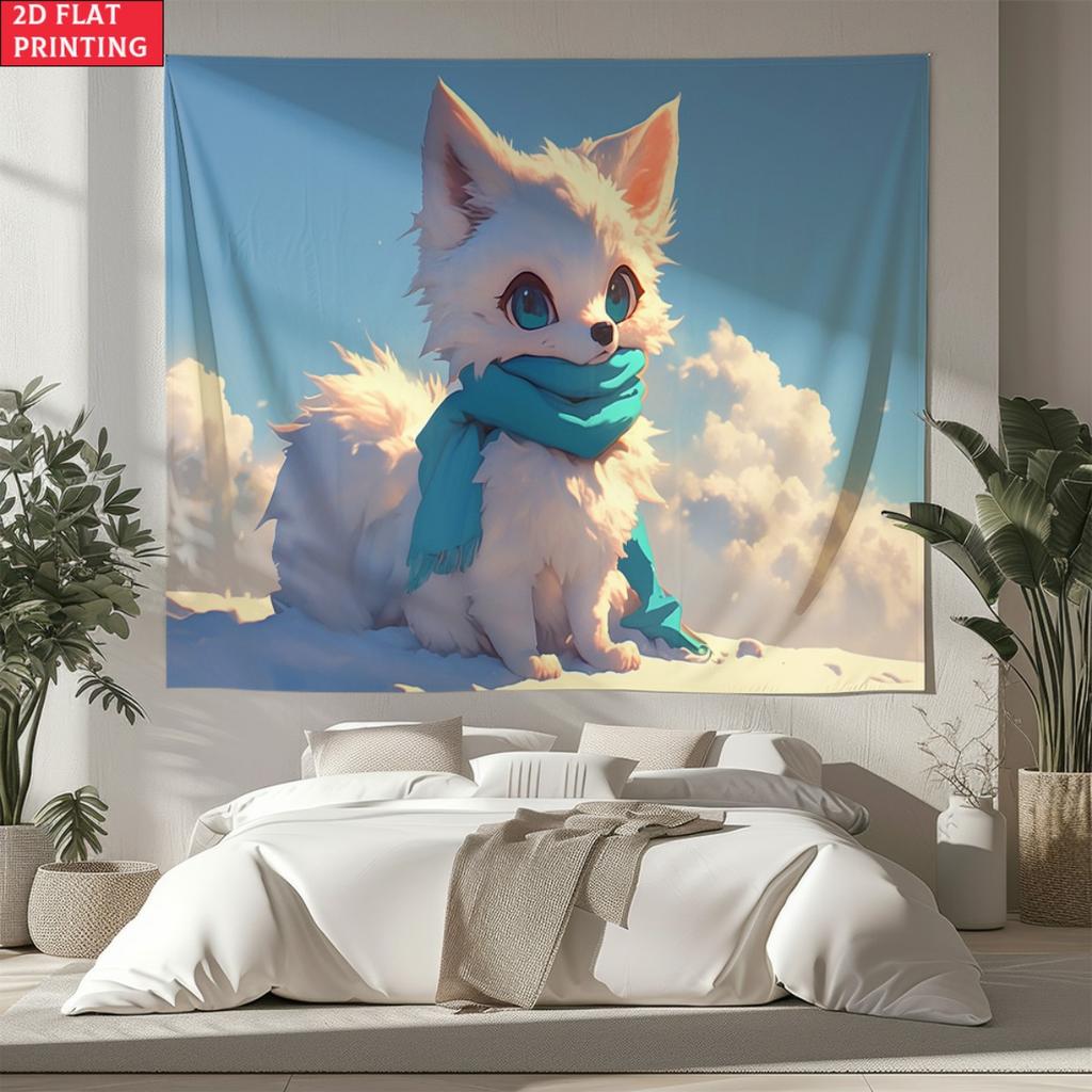Cute White Fox Tapestry Anime Style Arctic Fox with Scarf Wall Hanging Aesthetic Room Decor suitable use in offices bars party