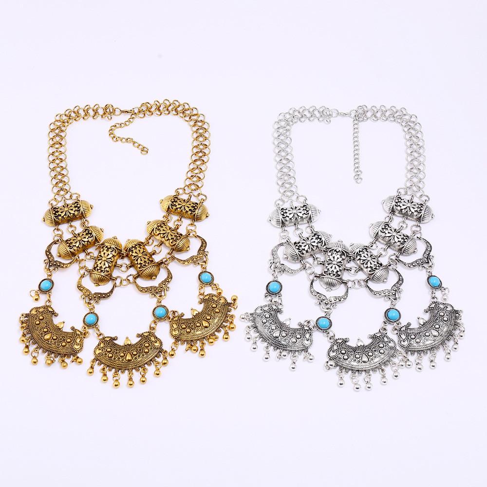 Ethnic Style Carved Flower Design Simulation Gemstone Decoration Women Necklace For Casual Boho Look