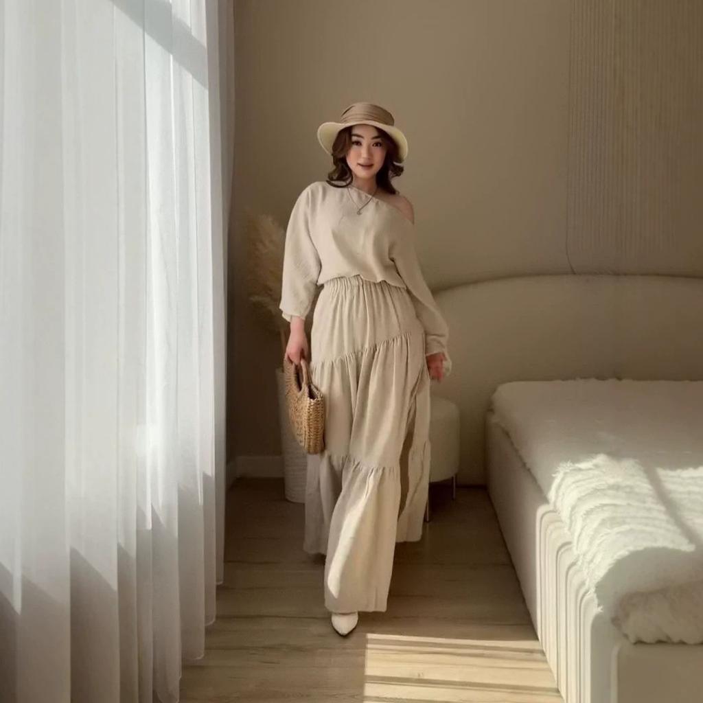 European and women's clothing new holiday style diagonal collar long-sleeved loose top open fork wide swing long skirt set