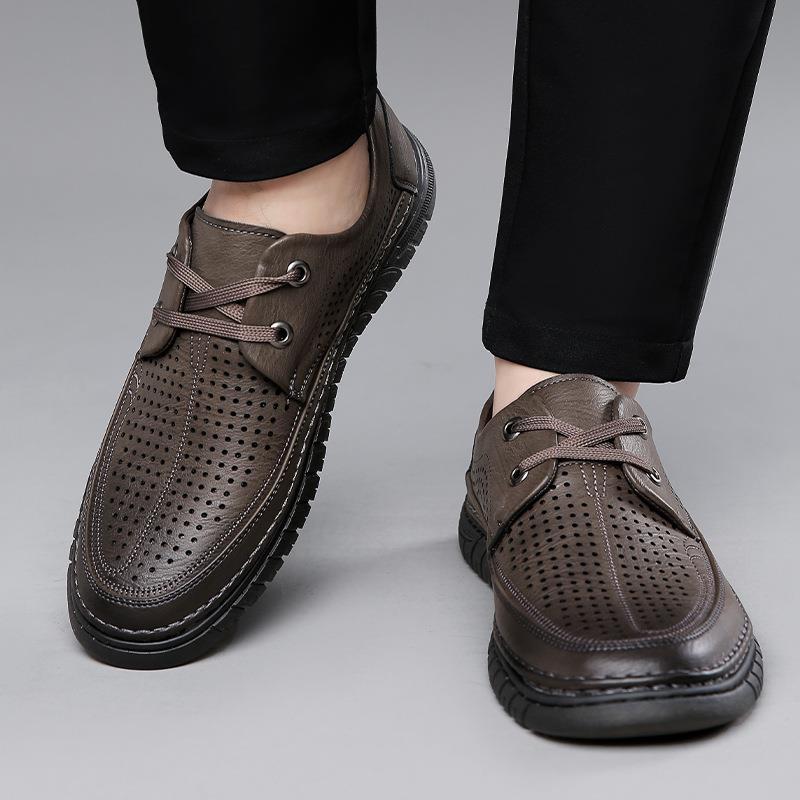 2025 Summer Men's Lace-up Soft Leather Casual Men's Shoes Hollow Rubber Sole Hole Shoes Hundred Towers Breathable Leather Sandals