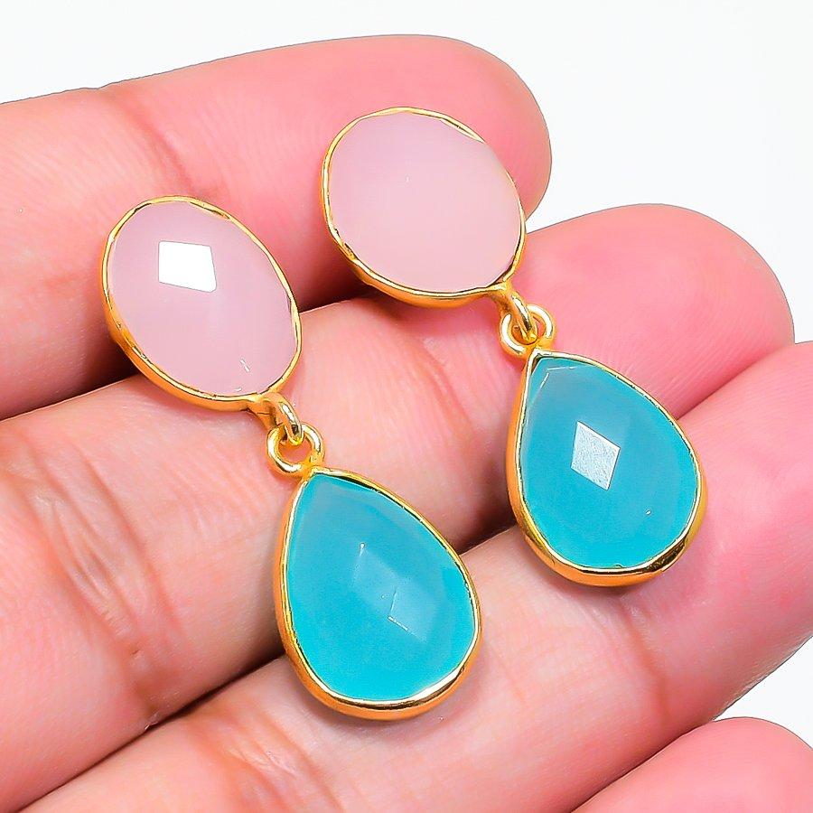 Pink Chalcedony Gemstone 925 Sterling Silver Jewelry Earring 1.26" KJ-1750