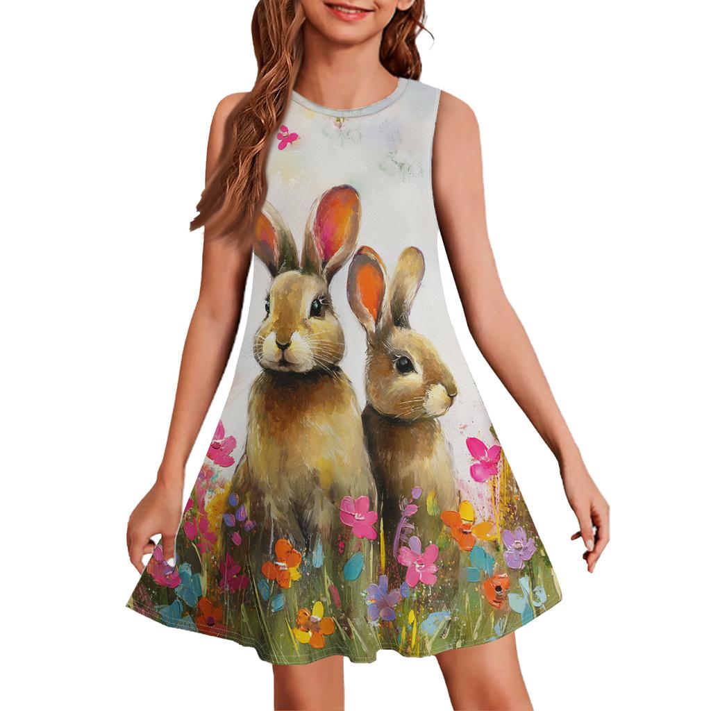 Girl Summer Dress Sleeveless Printed Color Casual Dress