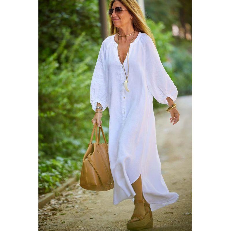 

New Fall Women s Clothing Fashion Style Pure Color Long Sleeves Shirt Dress Pure Color Casual Loose Slimming Long Shirt White 4XL