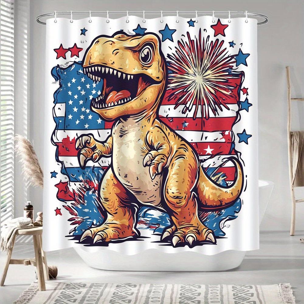1Pc Patriotic Dinosaur Shower Curtain, 4Th Of July Stars Stripes Fireworks Design, Polyester Fabric, 12 Hooks, 70X70 Inches,