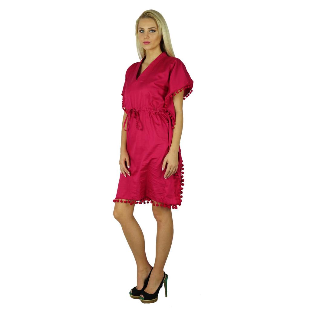 Bimba Women Cotton Kaftan With Pom Pom Tassels Short Caftan Beach Coverup