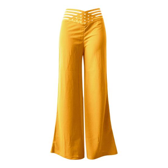 Women High Waist Long Pants Hollow Elastic Waistband Wide Leg Casual Trousers Solid Color Loose Fit Trousers