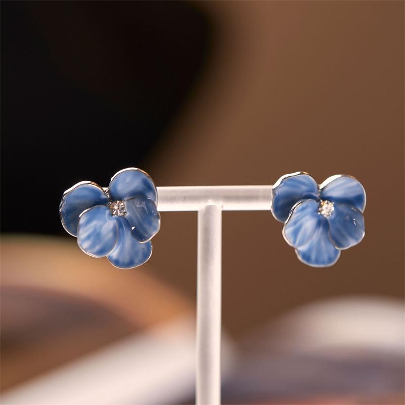 Red Blue Enamel Flower Stud Earrings for Women Five Petals Crystal Middle Korean Fashion Lovely Cute Girls Ear Decoration