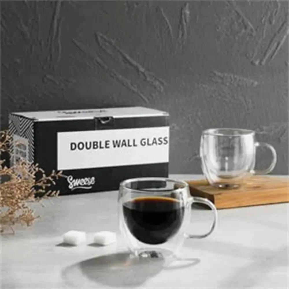 250ml Dubbelväggig Transparent Glas Kaffekopp med Handtag Dubbelväggig Värmeisolering Hög Temperatur Juice Mjölkkopp