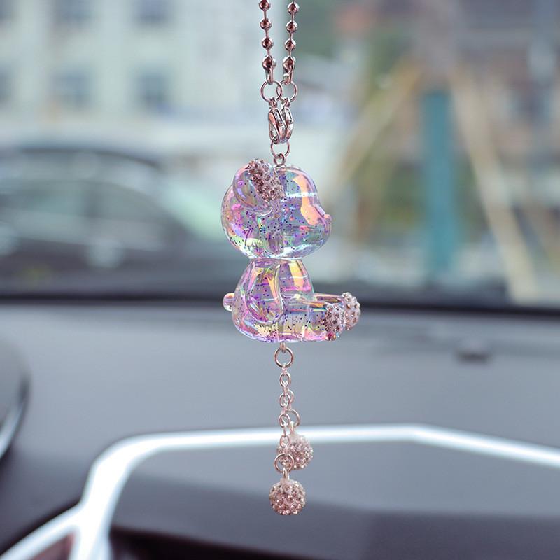Cute Cartoon Teddy Bear Car Mirror Hanging Ornament Purple Clay Car Pendant With Plastic Rhinestones